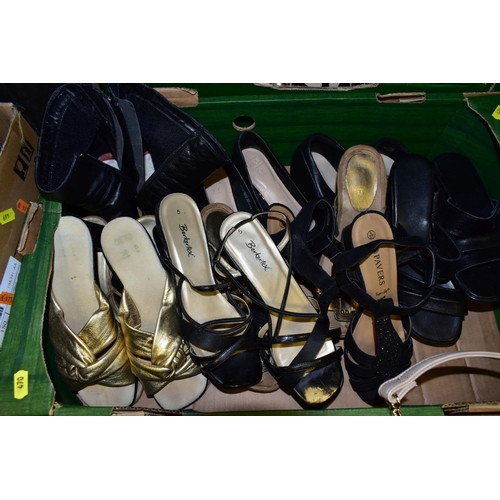 470 - THREE BOXES OF LADIES SIZE FIVE SHOES, to include M&S and Clarks sandals, shoes and boots, (all well... 