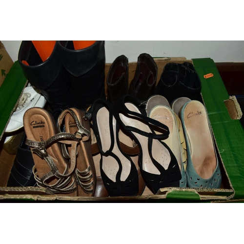 470 - THREE BOXES OF LADIES SIZE FIVE SHOES, to include M&S and Clarks sandals, shoes and boots, (all well... 