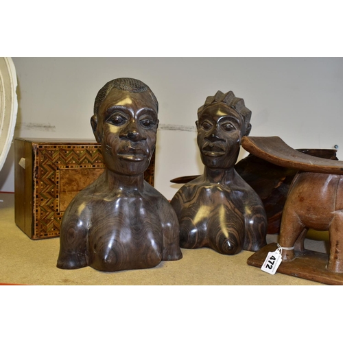 472 - A GROUP OF HAND CARVED WOODEN FIGURES, a Victorian writing slope width 40cm x depth 27cm, a Tunbridg... 