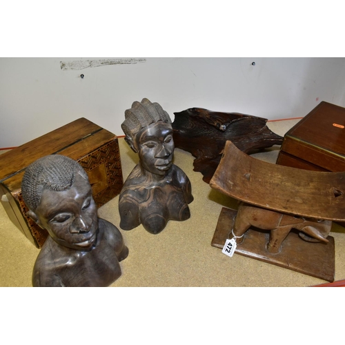 472 - A GROUP OF HAND CARVED WOODEN FIGURES, a Victorian writing slope width 40cm x depth 27cm, a Tunbridg... 