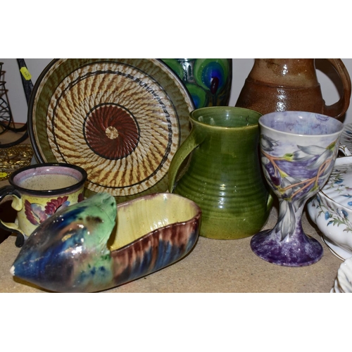 473 - A GROUP OF ART POTTERY including a stoneware jug signed on base 'Nic Collins', a 'Grayshott' peacock... 