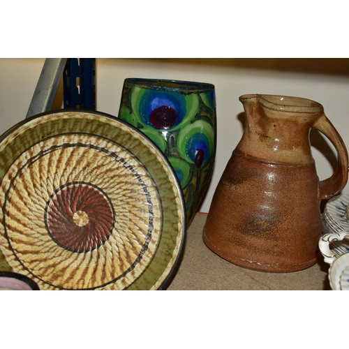 473 - A GROUP OF ART POTTERY including a stoneware jug signed on base 'Nic Collins', a 'Grayshott' peacock... 