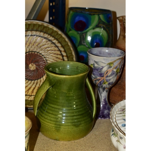 473 - A GROUP OF ART POTTERY including a stoneware jug signed on base 'Nic Collins', a 'Grayshott' peacock... 