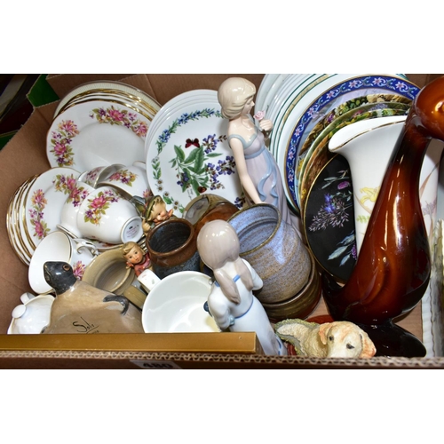 480 - TWO BOXES CONTAINING MIXED CERAMICS AND GLASSWARE, including a floral Colclough tea set of six cups,... 