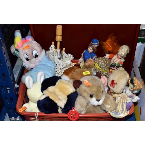 481 - SIX BOXES CONTAINING A MIXTURE OF ORNAMENTS, board games, photo frames, dolls, soft toys and plant p... 