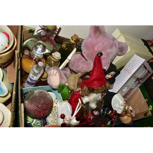 481 - SIX BOXES CONTAINING A MIXTURE OF ORNAMENTS, board games, photo frames, dolls, soft toys and plant p... 