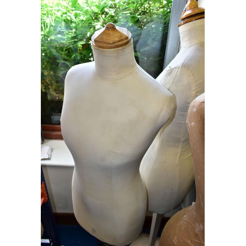 483 - THREE DRESSMAKERS DUMMIES, including two vintage marked  'Stockman' Paris, one male torso, two femal... 