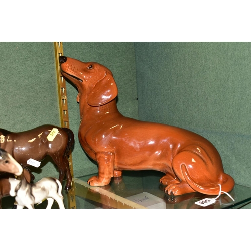 504 - A GROUP OF BESWICK AND OTHER ANIMAL FIGURES, comprising four Beswick animals: a Tan Dachshund (Fires... 