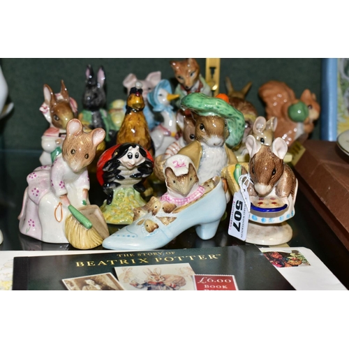 507 - A GROUP OF ROYAL ALBERT BEATRIX POTTER FIGURES, FIRST DAY COVERS, ETC, to include the following figu... 