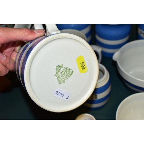 508 - NINE PIECES OF T.G. GREEN CORNISHWARE, comprising two storage canisters heights 13cm and 15.5cm (lat... 