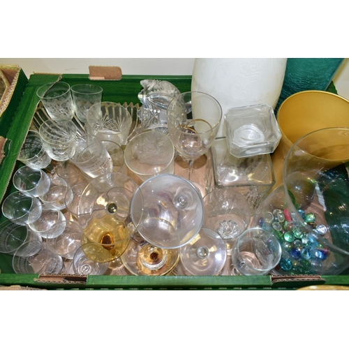 513 - FIVE BOXES OF CERAMICS AND GLASSWARES, to include four Royal Albert Violetta soup bowls and saucers,... 