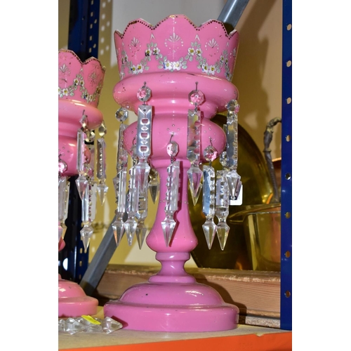 518 - A PAIR OF VICTORIAN PINK GLASS LUSTRES, height 37.5cm, (2) (Condition report: one base has been repa... 