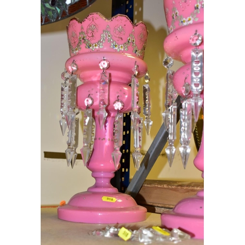 518 - A PAIR OF VICTORIAN PINK GLASS LUSTRES, height 37.5cm, (2) (Condition report: one base has been repa... 