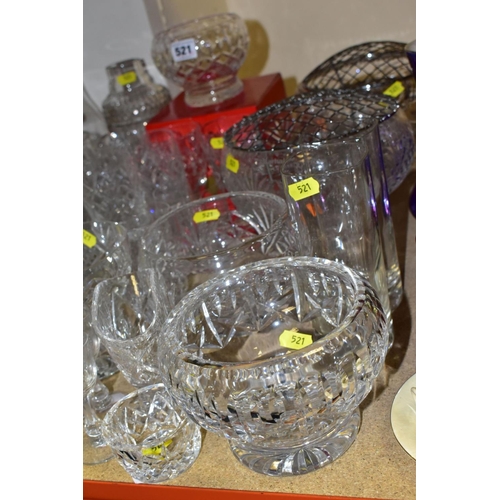 521 - A COLLECTION OF CRYSTAL AND OTHER GLASSWARE, including a pair of decanters with original stoppers (s... 