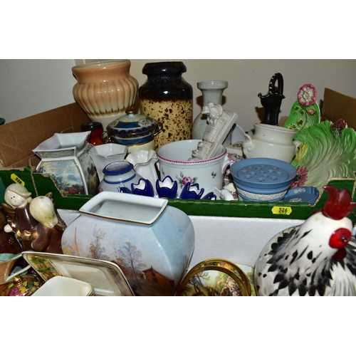 526 - TWO BOXES OF CERAMICS AND ONE LOOSE ITEM, comprising of a blue and white 'Victoria Ware' ironstone p... 