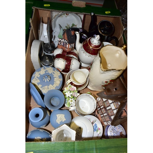 538 - FIVE BOXES OF CERAMICS, GLASSWARE AND HOUSEWARE ITEMS, to include three Staffordshire stoneware 'Wil... 