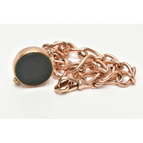 10 - AN EARLY 20TH CENTURY 9CT GOLD ALBERT CHAIN AND HARDSTONE SWIVEL FOB, rose gold Albert chain designe... 