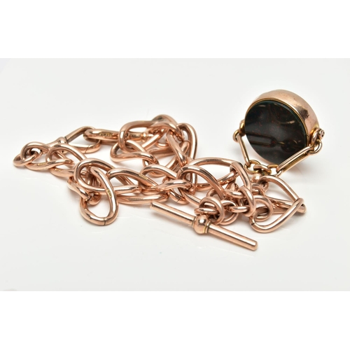 10 - AN EARLY 20TH CENTURY 9CT GOLD ALBERT CHAIN AND HARDSTONE SWIVEL FOB, rose gold Albert chain designe... 