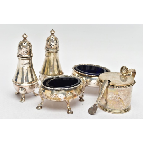 101 - A PAIR OF GEORGE III SILVER OVAL SALTS AND THREE OTHER SILVER CRUET ITEMS, the oval salts with wavy ... 