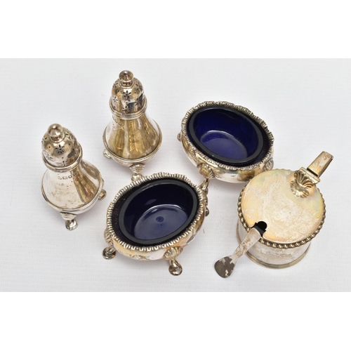 101 - A PAIR OF GEORGE III SILVER OVAL SALTS AND THREE OTHER SILVER CRUET ITEMS, the oval salts with wavy ... 