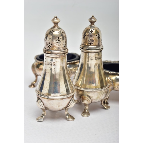 101 - A PAIR OF GEORGE III SILVER OVAL SALTS AND THREE OTHER SILVER CRUET ITEMS, the oval salts with wavy ... 