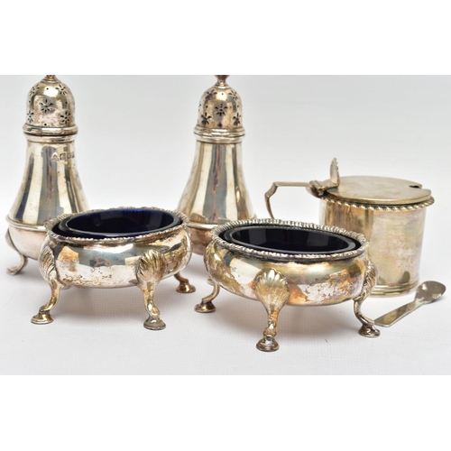 101 - A PAIR OF GEORGE III SILVER OVAL SALTS AND THREE OTHER SILVER CRUET ITEMS, the oval salts with wavy ... 