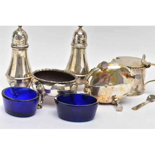 101 - A PAIR OF GEORGE III SILVER OVAL SALTS AND THREE OTHER SILVER CRUET ITEMS, the oval salts with wavy ... 