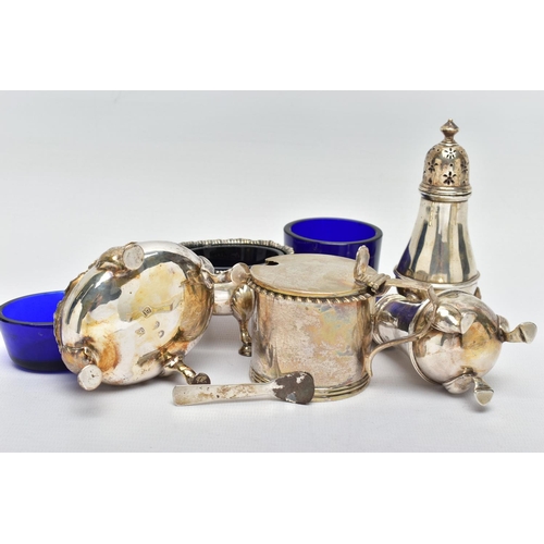 101 - A PAIR OF GEORGE III SILVER OVAL SALTS AND THREE OTHER SILVER CRUET ITEMS, the oval salts with wavy ... 