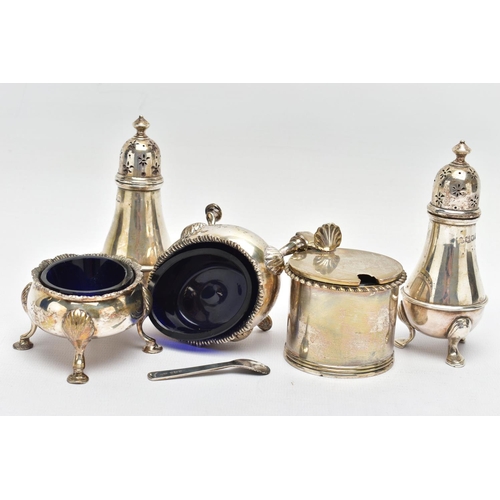 101 - A PAIR OF GEORGE III SILVER OVAL SALTS AND THREE OTHER SILVER CRUET ITEMS, the oval salts with wavy ... 