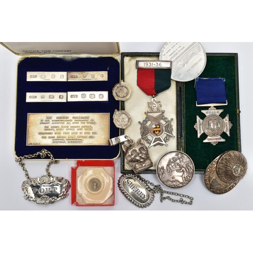 103 - A PARCEL OF SILVER DECANTER LABELS, MEDALLIONS, CADDY SPOON, ETC, comprising a William IV 'SHERRY' d... 