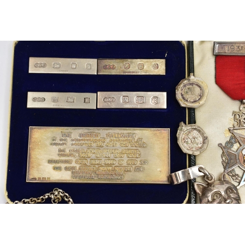 103 - A PARCEL OF SILVER DECANTER LABELS, MEDALLIONS, CADDY SPOON, ETC, comprising a William IV 'SHERRY' d... 