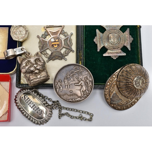 103 - A PARCEL OF SILVER DECANTER LABELS, MEDALLIONS, CADDY SPOON, ETC, comprising a William IV 'SHERRY' d... 