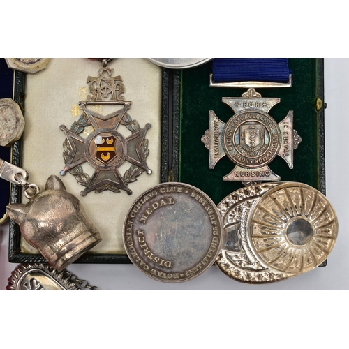 103 - A PARCEL OF SILVER DECANTER LABELS, MEDALLIONS, CADDY SPOON, ETC, comprising a William IV 'SHERRY' d... 