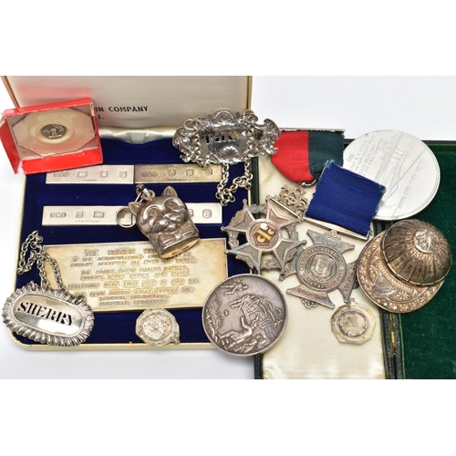 103 - A PARCEL OF SILVER DECANTER LABELS, MEDALLIONS, CADDY SPOON, ETC, comprising a William IV 'SHERRY' d... 