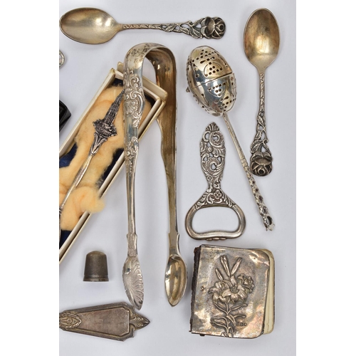 104 - A PARCEL OF 19TH AND 20TH CENTURY SILVER AND WHITE METAL, including an Edwardian tea infuser with de... 