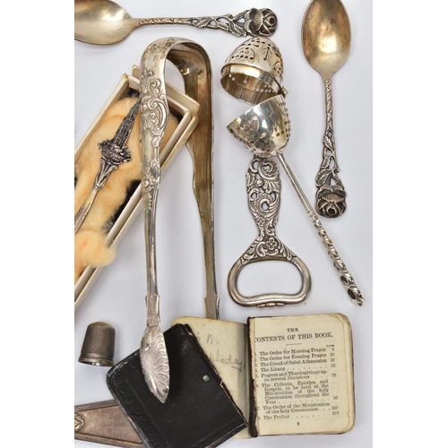 104 - A PARCEL OF 19TH AND 20TH CENTURY SILVER AND WHITE METAL, including an Edwardian tea infuser with de... 