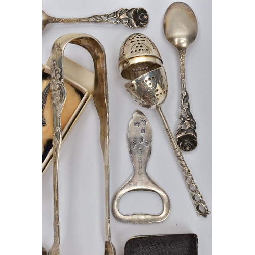 104 - A PARCEL OF 19TH AND 20TH CENTURY SILVER AND WHITE METAL, including an Edwardian tea infuser with de... 