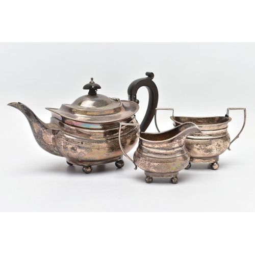 105 - A GEORGE V SILVER THREE PIECE BACHELOR'S TEA SERVICE OF ROUNDED RECTANGULAR OUTLINE, with reeded rim... 