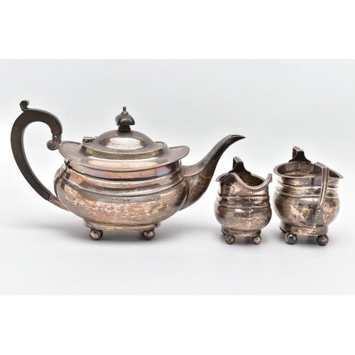 105 - A GEORGE V SILVER THREE PIECE BACHELOR'S TEA SERVICE OF ROUNDED RECTANGULAR OUTLINE, with reeded rim... 