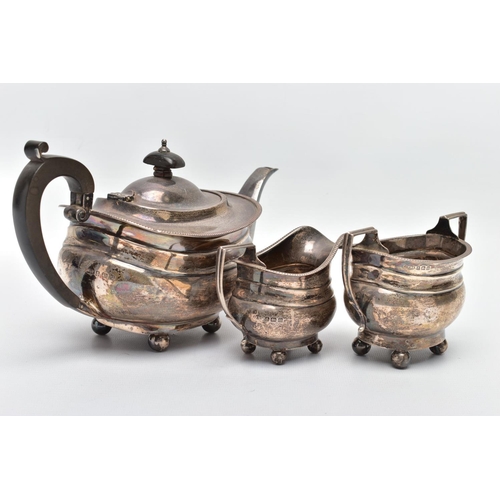 105 - A GEORGE V SILVER THREE PIECE BACHELOR'S TEA SERVICE OF ROUNDED RECTANGULAR OUTLINE, with reeded rim... 