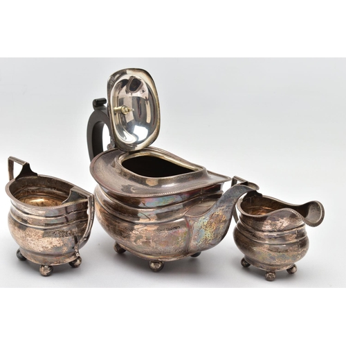 105 - A GEORGE V SILVER THREE PIECE BACHELOR'S TEA SERVICE OF ROUNDED RECTANGULAR OUTLINE, with reeded rim... 