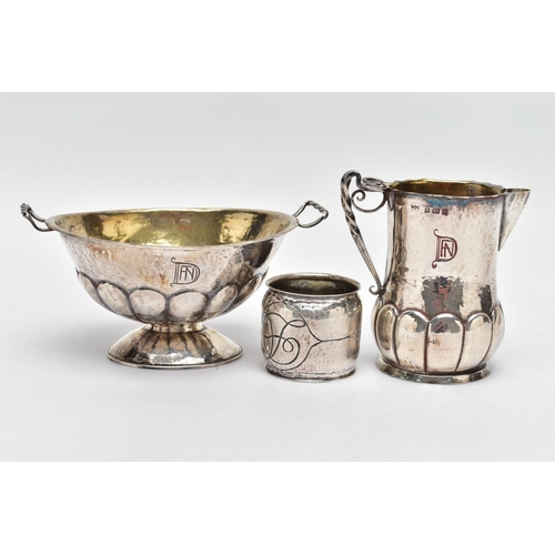 106 - AN ARTS AND CRAFTS SILVER CREAM JUG AND SUGAR BOWL BY JOHN WILLIAM BARRETT, both with planished fini... 