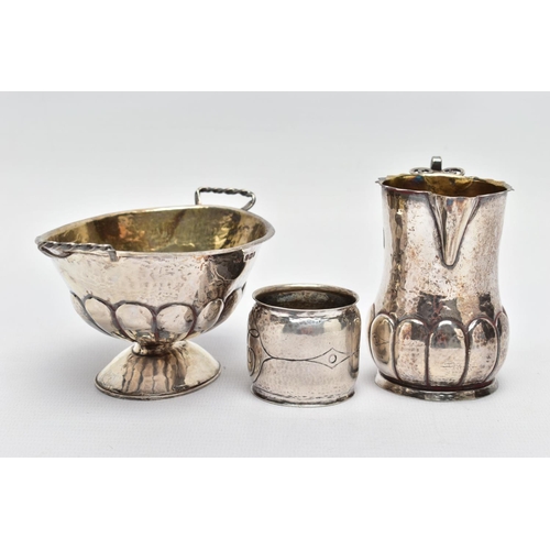 106 - AN ARTS AND CRAFTS SILVER CREAM JUG AND SUGAR BOWL BY JOHN WILLIAM BARRETT, both with planished fini... 