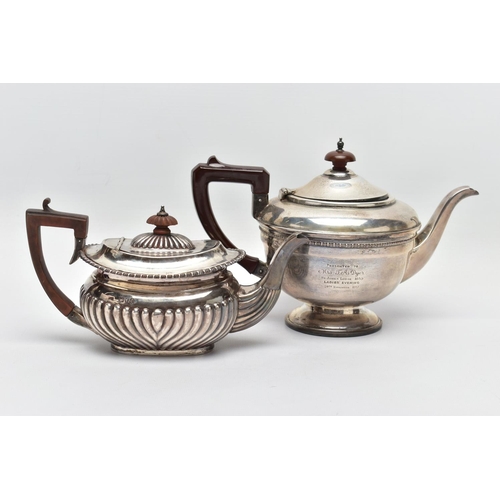 107 - A LATE VICTORIAN SILVER BACHELOR'S TEA POT OF ROUNDED RECTANGULAR FORM AND A GEORGE V SILVER CIRCULA... 