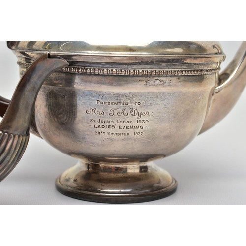 107 - A LATE VICTORIAN SILVER BACHELOR'S TEA POT OF ROUNDED RECTANGULAR FORM AND A GEORGE V SILVER CIRCULA... 