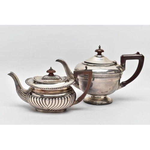 107 - A LATE VICTORIAN SILVER BACHELOR'S TEA POT OF ROUNDED RECTANGULAR FORM AND A GEORGE V SILVER CIRCULA... 