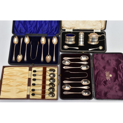 109 - THREE CASES OF SILVER TEA AND COFFEE SPOONS AND A CASED GEORGE VI SILVER FIVE PIECE CRUET SET, compr... 