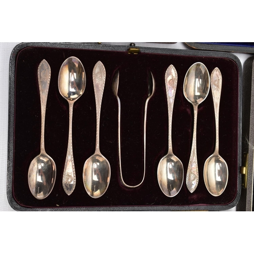 109 - THREE CASES OF SILVER TEA AND COFFEE SPOONS AND A CASED GEORGE VI SILVER FIVE PIECE CRUET SET, compr... 