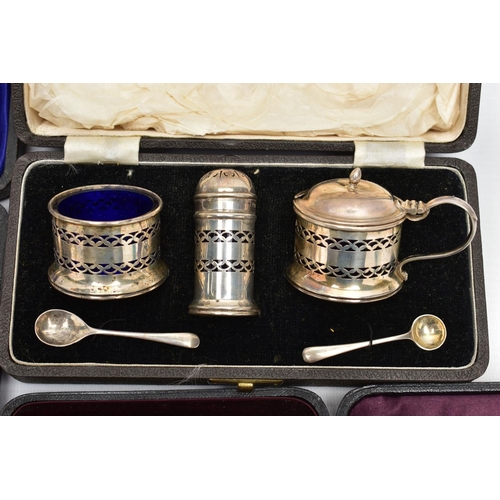 109 - THREE CASES OF SILVER TEA AND COFFEE SPOONS AND A CASED GEORGE VI SILVER FIVE PIECE CRUET SET, compr... 