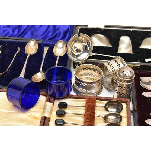 109 - THREE CASES OF SILVER TEA AND COFFEE SPOONS AND A CASED GEORGE VI SILVER FIVE PIECE CRUET SET, compr... 